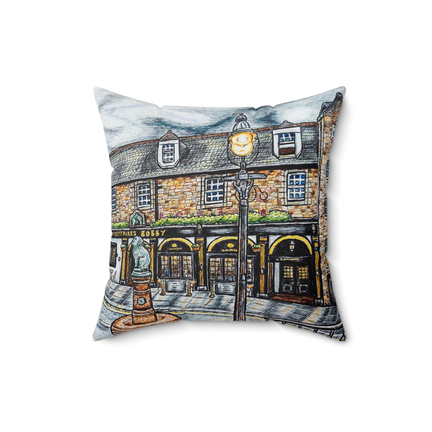 Polyester Square Pillow- Greyfriar's Bobby Bar and Fountain Design