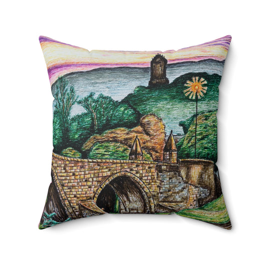 Polyester Square Pillow- Stirling Wallace Bridge and Monument Design