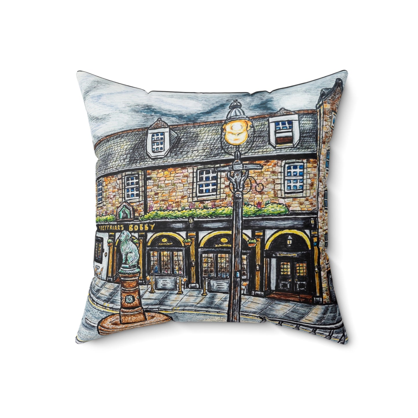 Polyester Square Pillow- Greyfriar's Bobby Bar and Fountain Design